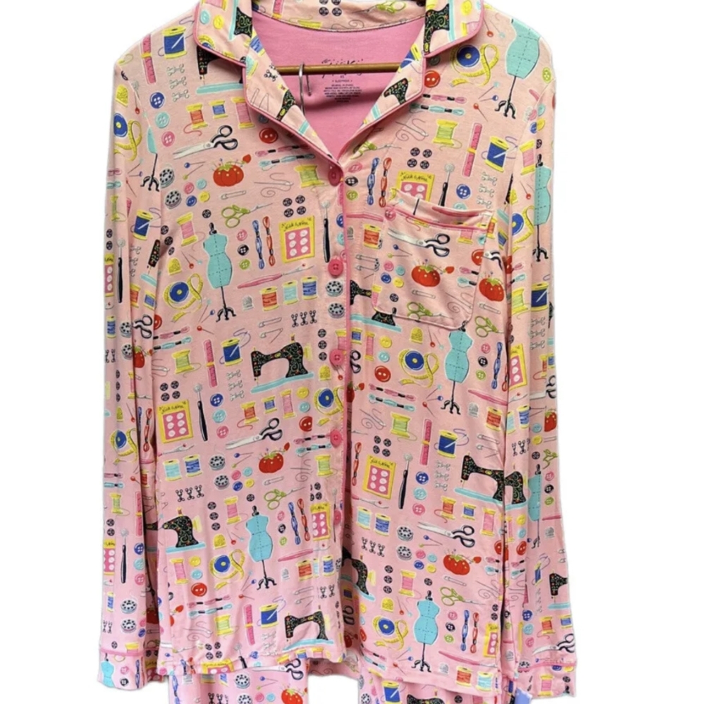 Nick & Nora Pink Sewing Seamstress Sleepwear Pajama Top Bottom 2pc Set PJ XL